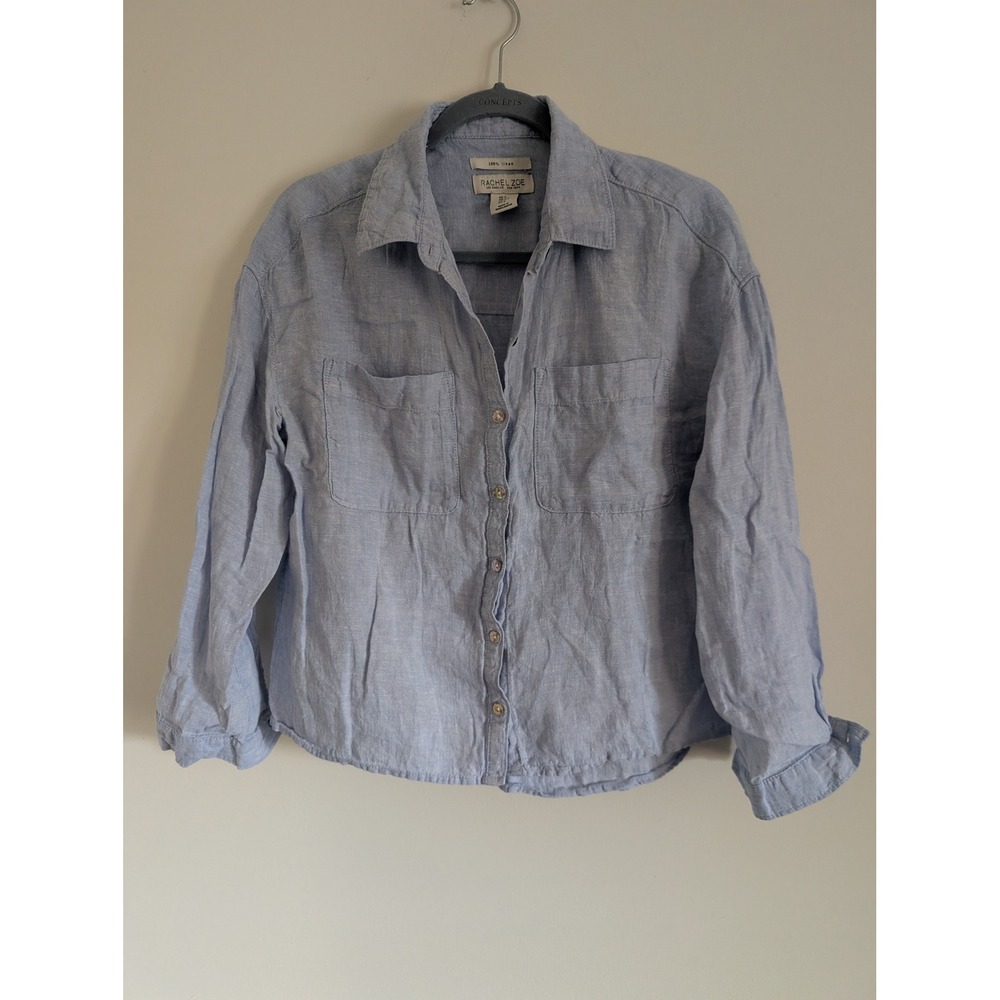 Rachel Zoe Womens Light Blue 100% Linen Button Down Shirt Long Sleeve Small
